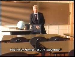 ["In his 1988 campaign ad, Jim McDermott emphasizes the critical role of high-quality education in ensuring economic competitiveness and future prosperity. Shot entirely in classrooms with diverse groups of students, the scenes underscore educational investment as foundational to economic success. McDermott passionately articulates the connection between education and America's economic future."]