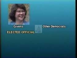 ["In her 1990 campaign ad, Democratic presidential candidate Jeanne Givens confidently speaks at various rallies, underlining her unique legislative achievements and vital endorsements. Scenes show her addressing enthusiastic crowds with campaign signs and banners, emphasizing her leadership qualities and commitment to change, garnering widespread applause and support from her audience."]