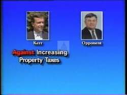["In a 1990 campaign ad, Democratic Party candidate Robert Samuel Kerr emphasized his opposition to tax increases, prominently contrasting his tax policy with his opponents. Through a series of scenes at rallies and direct camera addresses, Kerr distinguished his stance on providing tax relief and opposing tax hikes, aiming to appeal to voters' financial concerns. His confident demeanor and strategic comparisons aimed to showcase his commitment to economic policies beneficial to the public."]