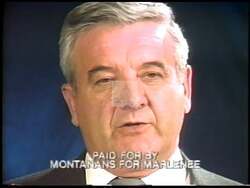 ["In the 1992 campaign ad, Republican Ron Marlin sternly addresses his commitment to job support, contrasting this with opponent Pat Williams' alleged deceit. Throughout various scenes, Marlin is seen speaking both at rallies and directly to the camera, passionately advocating for trust, honesty in politics, and voter support, amidst backdrops filled with campaign banners and posters."]