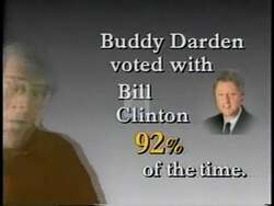 ["Bob Barr's 1994 political TV ad criticizes his opponent Buddy Darden for aligning with Bill Clinton on policies that raise taxes and expand government size. The ad showcases displeased citizens and emphasizes Darden's political proximity to Clinton, highlighting their shared fiscal approaches unfavorably to distance Darden from public favor."]