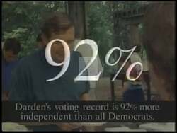 ["In the 1994 campaign ad, Democratic candidate George W. (Buddy) Darden promotes his political independence and conservative endorsements. It features scenes of Darden in Congress, speaking to constituents, and statistics validating his bipartisan voting record. The ad emphasizes his opposition to some Democratic policies, courting conservative approval."]