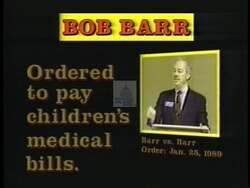 ["In the 1994 political TV ad for Democratic candidate George W. (Buddy) Darden, various scenes depict his opponent Bob Barr in a negative light, showcasing his hypocrisy around family values. The ad repeatedly highlights discrepancies between Barrs public advocacy and his personal actions, positioning him as contradictory and untrustworthy."]