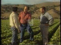 ["In a 1994 political ad, Democratic candidate Sam Farr emphasized his dedication to environmental sustainability, particularly focusing on water reclamation. The ad showcases Farr inspecting irrigation systems, discussing recycled wastewater use, and presenting sustainable solutions to groundwater issues. His leadership is depicted through scenes of engaging community dialogues and presentations aimed at combatting seawater intrusion and promoting agricultural viability."]