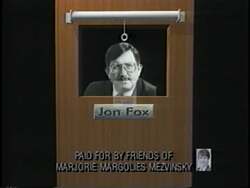 ["The 1994 political TV ad from Marjorie Margolies-Mezvinsky's campaign strategically highlights her opponent John Fox's association with tax increases. Through a series of scenes depicting Fox looking troubled and defensive at various political events, the ad underscores his connection to unpopular tax hikes, reinforcing this with onscreen statistics and crowd reactions. The ad aims to position Margolies-Mezvinsky as the favorable alternative focusing on fiscal concerns."]