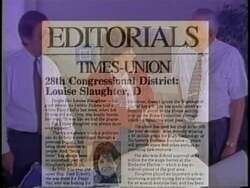 ["In her 1994 presidential campaign ad, Democratic candidate Louise McIntosh Slaughter highlights her leadership qualities and dedication to economic development. The ad showcases Slaughter confidently engaging with constituents, speaking at rallies, and conducting business meetings. Displaying enthusiasm and determination, she emphasizes her commitment to public service and effectiveness in Congress."]