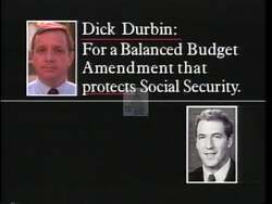 ["The 1992 political TV ad for Dick Durbin portrays him as a fervent advocate for Illinois families and seniors, contrasting his positions with opponent John Shimkus. Through dynamic debate scenes, Durbin emphasizes his support for Social Security and ethanol, while presenting Shimkus as aligned with lobbyists and less favorable policies. The ad consistently highlights Durbin's commitment to Illinois constituents."]