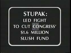 ["In the 1994 campaign ad, Democratic Party candidate Bart T. Stupak emphasizes his dedication to financial transparency and accountability in Congress. Featuring scenes of Stupak in various settings, the ad highlights his actions, such as returning unspent office funds to the U.S. Treasury and passionately advocating for fiscal responsibility and integrity in government. The ad uses strong, ethical imagery and texts to portray Stupak as a trustworthy and accountable candidate."]