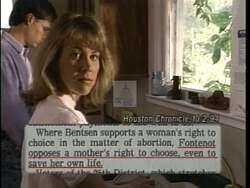 ["The 1994 political TV ad for Democratic candidate Kenneth E. Bentsen features multiple scenes of women from various backgrounds united in their protests against Eugene Fontenot's anti-abortion stance. The ad showcases concerned and determined women advocating for reproductive rights through speeches and protests, emphasizing their right to choose and opposing Fontenot's restrictive policies."]