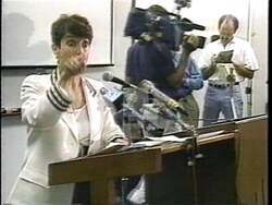 ["The 1994 political ad for Republican candidate Jon D. Fox features text overlays sharply criticizing Congresswoman Mosfinski for her role in tax increases, labeling her actions with words like \"unfortunate,\" \"uncaring,\" and \"unbelievable.\" The ad campaigns against Mosfinski's voting record and questions her ethics in governance."]