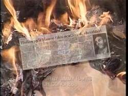 ["The 1994 Democratic political TV ad depicts Republican Congressman Clyde Holloway in a dark and chaotic office, aggressively destroying files after a campaign loss. The video frames show torn documents related to Social Security and veterans, suggesting catastrophic betrayal to constituents, emphasizing the recklessness and frustration of Holloway."]