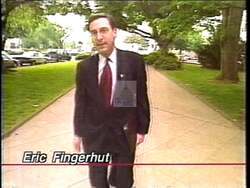 ["The 1994 political TV ad for Republican candidate Steve LaTourette focused on criticizing his opponent Eric Fingerhut's voting behavior, particularly his support for President Clinton's controversial tax increase. The ad portrays Fingerhut in various conflicted states, discussing and debating the tax policy implications, emphasizing his struggles and the negative impact of his decision on middle-class taxpayers and corporate interests, often depicted with American flags in the background."]