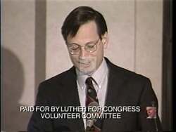 ["In the 1994 political TV ad for Democratic candidate Bill Luther, scenes contrast Luthers opponent, Tad Jude, with dark, oppressive imagery, emphasizing Judes extreme anti-abortion stance. The ad features stern visuals of Jude and critical captions, portraying a regressive vision for America with ominous overtones, focusing on Judes legislative actions against abortion rights."]