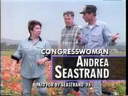 ["The 1996 political TV ad for Republican candidate Andrea H. Seastrand showcases her leadership during flood disasters. It features scenes of Seastrand actively engaging with officials and affected residents to coordinate relief efforts, secure emergency repairs, and lead recovery initiatives. Her determined advocacy and effective crisis management are emphasized throughout the ad."]