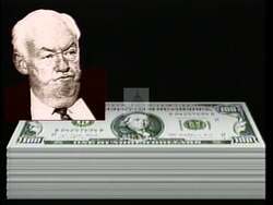 ["The 1996 political TV ad from Republican Party candidate Andrea H. Seastrand attacks her opponent Walter Capps by portraying him negatively in association with union bosses and overspending. The ad uses intense and bold imagery, often with dark backgrounds and critical captions, suggesting that Capps is excessively influenced by labor unions and is liberal with spending, undermining political reforms. The frames emphasize these points with terms like \"Big Money, Big Lies, Big Liberals,\" aligning Capps with unfavorable political behaviors."]