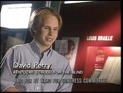 ["In the 1996 campaign ad, Democratic candidate Mike Ward strongly advocates in Congress for maintaining funding for Braille books, opposing Republican budget cuts. Scenes depict Ward confronting and addressing Congress with determination, highlighting his commitment to supporting blind students. One frame shows an individual reading Braille, underscoring the personal impact of these funds."]