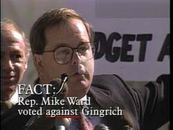 ["Mike Ward's 1996 campaign ad portrays his opponent, Ann Northup, as a supporter of controversial Medicare cuts, linking her policies to tax breaks for the wealthy. The ad strategically uses worried expressions and negative imagery to emphasize Northup's association with these unpopular cuts, casting her in a negative light while underlining the political debate over Medicare funding."]