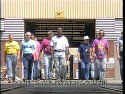 ["In his 1996 presidential campaign ad, Democratic candidate Mike Ward highlights his commitment to job preservation, specifically at Louisville's Naval Ordnance Station. The ad showcases various scenes of Ward speaking confidently and engaging with workers, with repeated emphasis on his successful efforts in saving local jobs, as cheered on by supportive crowds."]
