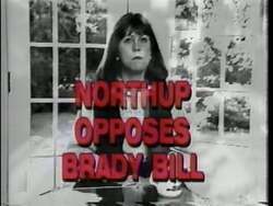 ["In the 1996 political ad for Democratic presidential candidate Mike Ward, prominent visuals and text harshly criticize Republican Ann Northups opposition to gun control, particularly her stance against the Brady Bill and police expansion measures. The ad features contrasting frames of Northup with stern expressions and critical contexts against supportive imagery and messages backing Wards advocacy for stricter gun control and increased police presence, highlighting the sharp policy differences between the two."]