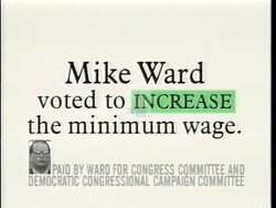 ["In the 1996 campaign ad for Democratic candidate Mike Ward, two scenes triumph: the intense debate between politicians, desks laden with policy papers, in a formal campaign setting, highlighting significant contrasts on social and economic issues. This setting underscores deep political engagement and the profound divides characterizing the race."]
