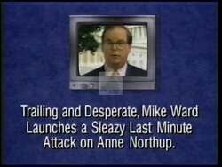 ["In Anne Meagher Northup's 1996 campaign ad, her opponent Mike Ward is portrayed negatively in various scenes. He appears stressed and insincere, facing criticism from nuns and being accused of dishonesty and unethical behavior. The ad emphasizes his disregard for pleas from Ursuline nuns, highlighting his desperation and inappropriate actions."]