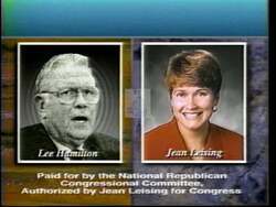 ["In the 1996 political TV ad for Republican candidate Jean Leising, the visuals systematically contrast her with Democrat Lee Hamilton. Frames emphasize their differing stances on key issues, campaign funding sources, and political philosophies, all set against split-screen comparisons. The ad underscores Leising's local support and presents her as the favorable choice for change."]