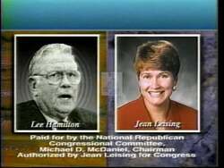 ["The 1996 political TV ad for Republican Jean Leising contrasts her positions against Democrat Lee Hamilton. The ad emphasizes Leising's alignment with local values and her different policy stances and funding sources compared to Hamilton. It strategically uses images and text to present a clear choice between the two candidates."]
