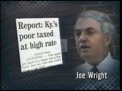 ["In Ron Lewis's 1996 political TV ad, scenes contrast his policies against opponent Joe Wright, focusing on taxes and campaign funding. The ad features endorsements from local police and images of two politicians at podiums discussing their contrasting views, aiming to highlight Lewis's commitments and achievements in a visually engaging split-screen format."]