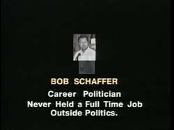 ["The 1996 political TV ad for Republican Party candidate Pat Sullivan contrasts him with opponents Bob Schaefer and Donna Ment. It criticizes Schaefer's extreme political views and Ment's support for high taxes while promoting Sullivan's conservative values. Various scenes show Sullivan speaking against an American flag backdrop and contrasting profiles with his opponents, emphasizing ideological differences and Sullivan's alignment with conservative platforms."]