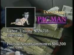 ["In a political TV ad from Pat Millers 1996 campaign, various frames portray David Skaggs in a negative light. The ad features solemn images of Skaggs and accusations of financial and political misconduct, employing text overlays to emphasize alleged unethical behavior. The overall tone depicts urgency for change in leadership."]