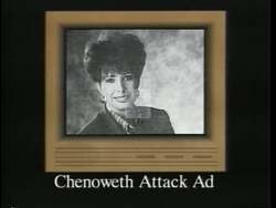 ["The 1996 political TV ad for Democratic candidate Dan Williams highlights a series of scenes with Helen Chenoweth in distress. She's seen defending herself against various accusations at podiums, behind desks, and at news conferences. Every scene emphasizes her troubled demeanor and associations with financial and militia controversies, surrounded by legal documents and media scrutiny."]