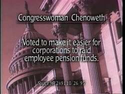 ["The 1996 political ad from Dan Williams' campaign highlights concerns over pension security amidst political debates. It emphasizes the fear among elderly citizens regarding their financial futures and criticizes Helen Chenoweth's voting record on pension funds. The ad portrays worried seniors while discussing pension protection to underscore the contrasting stances of the candidates."]