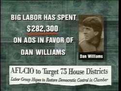 ["In the 1996 political TV ad for Republican candidate Nan Anti-Chenoweth, the focus is on political corruption and undue influence from labor unions. The ad features intense visuals of citizens questioning political representation, text overlays implying corrupt exchanges of money at the Capitol, and animated sequences highlighting labor unions' financial grip on politics. The ad aims to critique the financial connections between congressional candidates and labor union lobbyists, emphasizing concerns over pension security and fiscal accountability."]