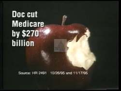 ["In a 1996 political TV ad, Democratic candidate Rick Locke strongly criticizes Republican opponent Doc Hastings. The ad, comprising various symbolic imagery, portrays Hastings in a negative light, emphasizing his Congressional voting record which allegedly favored harmful budget cuts, tax breaks for the wealthy, and detrimental impacts on healthcare, jobs, and public services."]