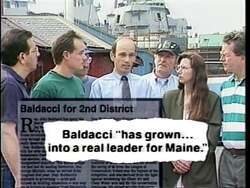 ["John Elias Baldacci's 1996 presidential campaign ad featured a montage of scenes portraying him as a confident and compassionate leader. Displayed quotes from various newspapers commend his leadership and commitment. Throughout the ad, Baldacci is seen smiling and energetically engaging with crowds, emphasizing his growth, dedication, and strong leadership qualities for Maine."]