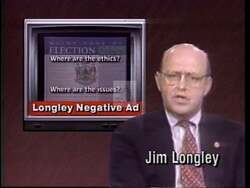 ["The 1996 Democratic campaign ad features multiple scenes presenting Jim Longley unfavorably, closely associating him with Newt Gingrich and portraying Longley's alignment with Gingrich's controversial policies. The ad highlights Longleys involvement in government shutdowns and cuts to Medicare, education, and public assistance, using stern imagery and negative newspaper headlines to underscore its critique of Longley's political actions and affiliations."]