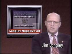 ["In the 1996 campaign ad, Democratic candidate Tom Allen attacks his opponent Jim Longley, portraying him negatively in association with Newt Gingrich. The ad features various scenes of Longley shown in dim, monochromatic imagery, ignoring questions, looking secretive, or agitated, alongside critical headlines about his political alignments and actions that suggest conservative policies and negative impacts on public issues."]