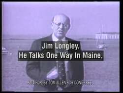 ["In the 1996 ad for Tom Allen's presidential campaign, scenes depict opponent Jim Longley as conflicted, aligning with Newt Gingrich's controversial policies despite presenting a local, Maine-focused persona. The ad contrasts Longley's Maine rhetoric against his Washington votes, employing visuals such as newspaper clippings and formal statements to underscore the discrepancy and criticize his political alignment with Gingrich. Allen's campaign uses these contradictions to advocate for change."]