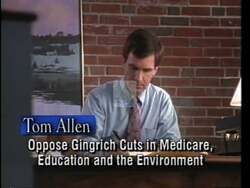 ["In Tom Allen's 1996 presidential campaign ad, he is depicted passionately advocating for Maines working families. Throughout the ad, scenes of Allen speaking confidently and earnestly from a podium underscore his opposition to Medicare and education cuts proposed by Gingrich. Allens consistent focus on protecting healthcare and education highlights his commitment to prioritizing the needs of Maine families, portraying his leadership qualities and steadfast resolve."]
