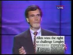 ["In the 1996 campaign ad, Democratic presidential candidate Tom Allen passionately advocates for job creation, education investment, and environmental protection. Standing at various podiums, Allen emphasizes his dedication to enhancing educational funding and healthcare while opposing budget cuts, all underscored by supportive crowds and campaign banners."]
