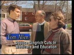 ["The 1996 political TV ad for Democratic candidate Tom Allen focused intensely on his commitment to Maine's local needs. Through various scenes of Allen speaking at events and directly to the camera, the ad highlighted his opposition to Medicare and education cuts and his advocacy against Newt Gingrich���������s policies, emphasizing his dedication to representing Maine over party lines."]