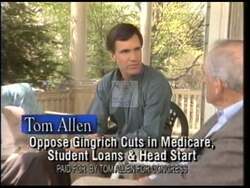["In his 1996 election campaign ad, Tom Allen emphatically advocates for education, healthcare, and job creation, positioning these as his top priorities. The scenes show him engaging with the audience at various rallies, consistently emphasizing his commitment to these core issues, while pledging to protect and enhance federal programs like Medicare and also addressing local concerns in Maine."]