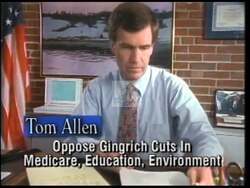["In his 1996 election campaign ad, Democratic Party candidate Tom Allen passionately addresses Congress, focusing consistently on opposing cuts and advocating for robust child care and education policies. The scenes vividly showcase Allen's dedication to enhancing support for childcare, opposing Medicare cuts, and prioritizing educational reforms. His commitment is emphasized as beneficial for supporting women and Maine's broader healthcare interests."]