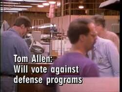 ["The 1996 political TV ad for Republican candidate James Bernard Longley highlights his debate with Tom Allen, focusing on defense jobs and tax policies. The ad repeatedly shows Longley advocating for preserving defense jobs and maintaining low taxes, while depicting Allen as uncertain or opposed to these stances, emphasizing their contrasting views on economic strategies."]