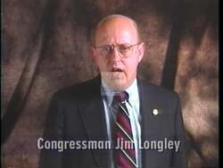 ["In his 1996 campaign ad, Republican James Bernard Longley vehemently defends his personal and political reputation against a series of accusations, primarily from labor unions. Throughout various scenes, whether in rural settings, political offices, or at podiums with American flag backdrops, Longley appears frustrated yet assertive, passionately denying misleading attacks and emphasizing election integrity and local values."]