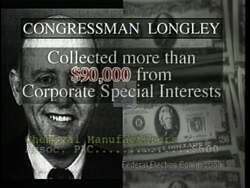 ["The 1996 presidential campaign ad against Democratic candidate Anti-James Longley puts a spotlight on his voting record against the Clean Water Act and environmental protections. Featuring scenes of a polluted river and industrial landscapes, the ad claims Longley prioritized corporate interests, underscored by his alleged $90,000 in lobbyist funds."]