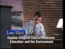 ["In the 1996 presidential campaign ad, Democratic candidate Tom Allen champions the interests of Maine's working families. The ad highlights his opposition to Newt Gingrich's policies, aligning his competitor Jim Longley with Gingrich. Allen is depicted speaking at various events, promising to protect Medicare, education, and the environment while maintaining a focus on local priorities and defending against harmful cuts. His campaign positions him as a dedicated, independent leader fighting for Maine's future."]
