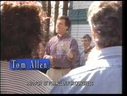 ["In a 1996 campaign ad, Democratic candidate Tom Allen showcases his dedication to Maine's interests over national partisan concerns. The footage features Allen speaking confidently across various settings, emphasizing his resolution to prioritize and protect Maine's needs. With frequent references to opposing harmful policies and focusing on local welfare, Allen portrays himself as Maine's committed advocate."]