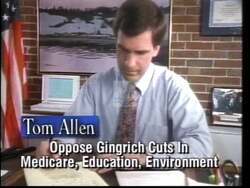["In his 1996 campaign ad, Democratic candidate Tom Allen passionately speaks in various congressional settings, advocating strongly against Medicare cuts and budget reductions proposed by Gingrich. He emphasizes the importance of child care, education, and healthcare, specifically advocating for policies that address Maine's unique needs. Allens demeanor is serious and committed, highlighting his dedication to supporting child care initiatives and opposing detrimental budget cuts."]