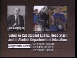 ["In this 1996 political TV ad, Democratic candidate Tom Allen criticizes opponent Jim Longley by highlighting Longleys contradictory voting record. Scenes depict Longley opposing essential programs like heating aid, environmental protections, and educationthemes reinforced by distressed citizens and Longleys contrasting rhetoric and actions, underlining his detachment from Maine values."]